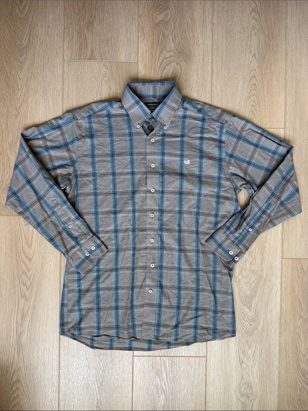 Southern Marsh Mens Shirt Bristol Performance Plaid Dress Shirt Sage Grey Blue M